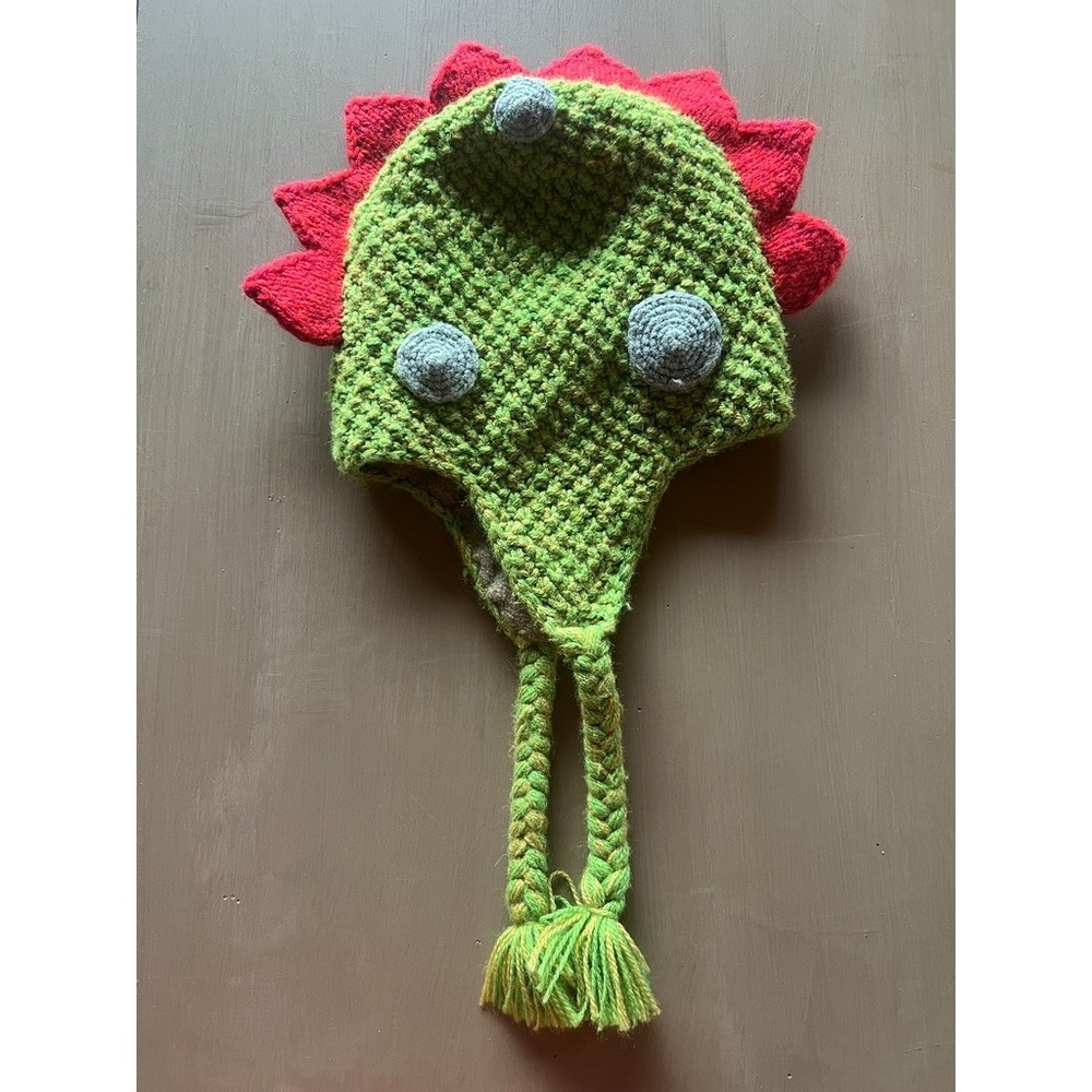 Andes Gifts Dinosaur Knit Hat Alpaca Blend Kids Earflap Beanie‎ Mohawk Braids